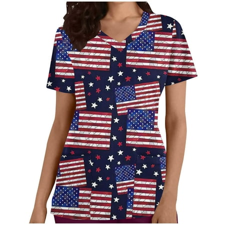 

VEKDONE USA Flag Stars & Stripes Scrubs Top Women V Neck Short Sleeve Tees Shirt 4th of July Patriotic Graphic Tshirt S M L XL XXL XXXL