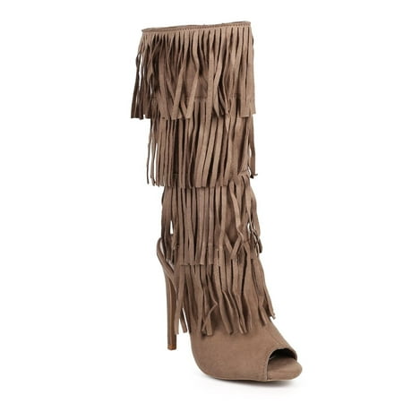 Qupid DF82 Women Suede Layered Fringe Peep Toe Stiletto Boot