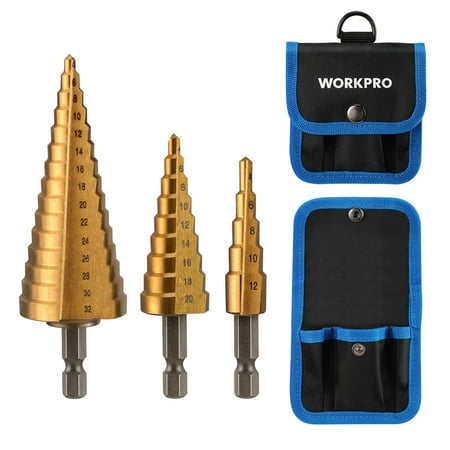 

WORKPRO 3-Piece Step Drill Bit Set 1/4 Hex Shank Quick Change High Speed Steel Titanium Coated Drill Bits for Plastic Wood Sheet Metal Aluminum Hole Drilling Well-Organized Bag Included Metric