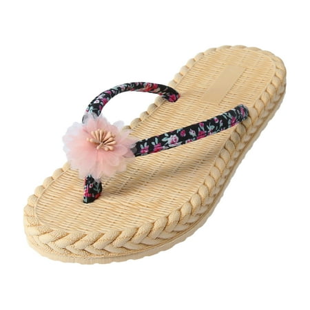 sandals for Women Women Floral Thong Slippers Flat Floral Strap Thong Slippers Fashion Beach Flat Floral Slippers PVC Dress Sandals for Women Pink