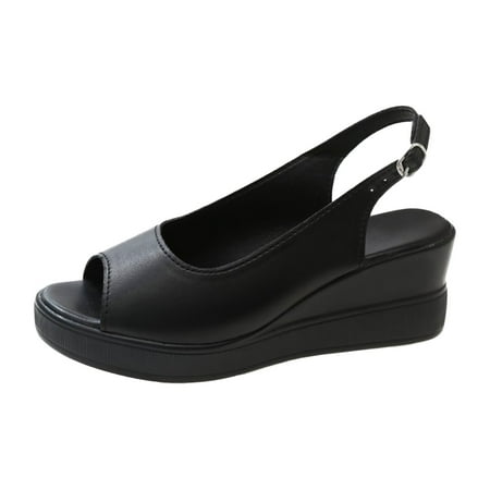 Holiday Savings Deals! Kukoosong Womens Wedge Sandals Thick Sole Sloping Heel Womens Shoes Peep-Toe Buckle One Line Casual Sandals Women Black 36