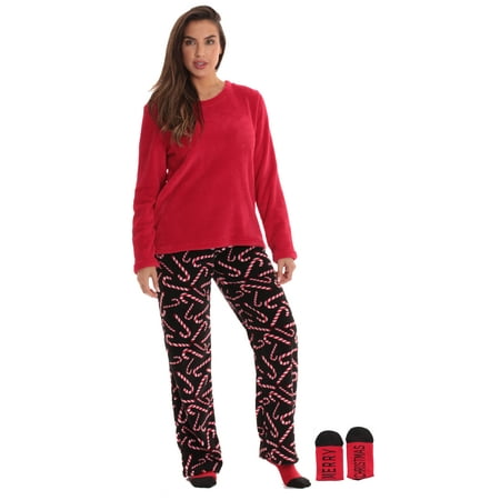 Just Love Plush Womens Pajama Pant Set with Matching Socks with Sayings (Candy Cane Black, 1X)
