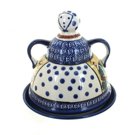 Blue Rose Polish Pottery Grapes Cheese Lady with Cobalt Trim