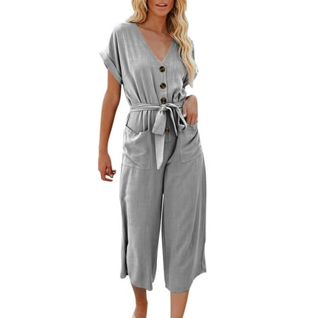 Womens Jumpsuits Casual Solid V Neck Short Sleeve Button Pocketed Wide Leg Romper Overalls Women With Belt
Womens Jumpsuits Casual Solid V Neck Short Sleeve Button Pocketed Wide Leg Romper Overalls Women With Belt