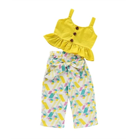 Seyurigaoka Baby Girls Yellow Ruffle Sling Tops and Geometric Print Pants Set