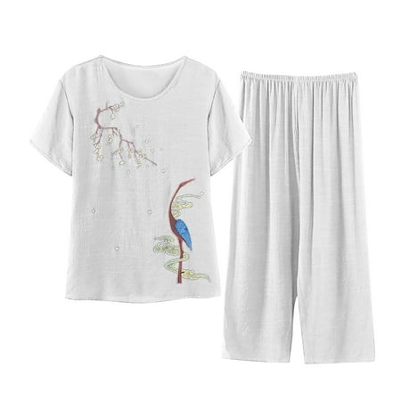 Ladies Cotton Linen Short Sleeve Printed Blouse Capri Pants 2PCS Suit Nightwear Sleepwear Night-clothes Pajamas Nighty
Ladies Cotton Linen Short Sleeve Printed Blouse Capri Pants 2PCS Suit Nightwear Sleepwear Night-clothes Pajamas Nighty