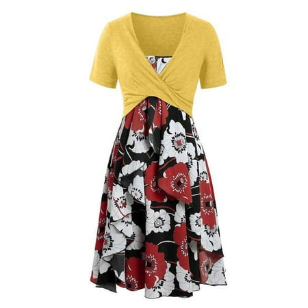 Inkach WomenS Dress Printing Drees Short Sleeve Cross Print Dress Suit