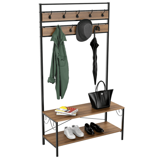 Easyfashion Contemporary 9-Hook Entryway Organizer Hall Tree With Storage Shelves, Black