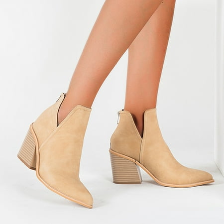 Ladies Square-Heeled Pointed High Heel Fashion Short-Tube Side Zipper Short Boot