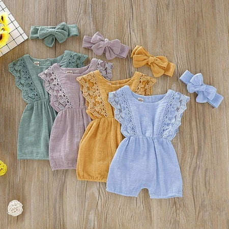 Newborn Girls Rompers Set Flare Sleeve Solid Print Lace Bodysuit With Headband