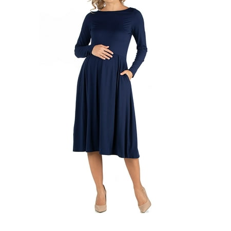 24seven Comfort Apparel Midi Length Fit N Flare Pocket Maternity Dress M0116161 Made in USA