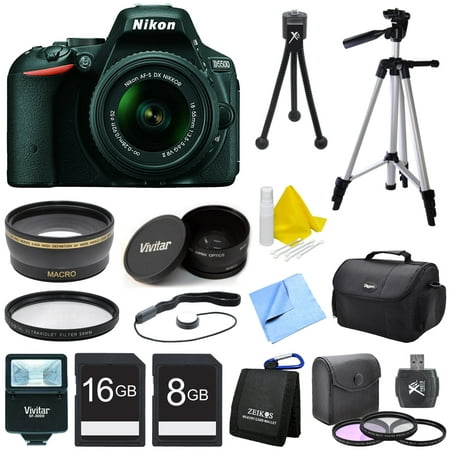 Nikon D5500 Black DX-format Digital SLR Camera with AF-S NIKKOR 18-55mm VR Lens with Wide Lens, Converter, and Flash Bundle - Includes Wide Angle Lens, Lens Converter, Flash, Filter Kit, Filter, 2 Me