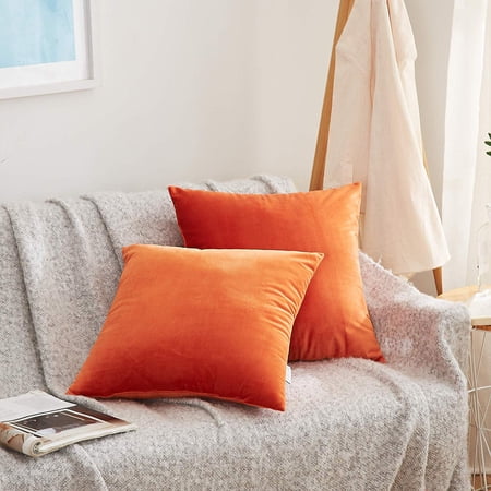 Acanva Set of 2, Velvet Soft Decorative Throw Pillow, 18" x 18", Tangerine