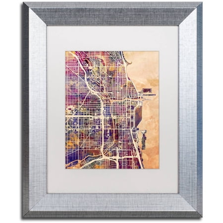Trademark Fine Art "Chicago City Street Map" Canvas Art by Michael Tompsett, White Matte, Silver Frame