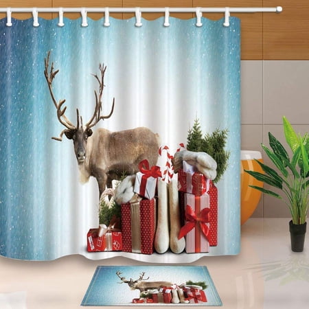 BPBOP Xmas Bath Curtain for Bathroom Christmas Elk Antlers Reindeer with Gift Box in Fir Twig Shower Curtain 66x72 inches with Floor Doormat Bath Rugs 15.7x23.6 inches