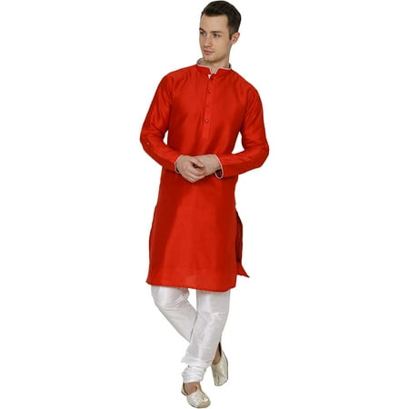 Royal Kurta Mens Silk Kurta Churidar with Contrast Neck Detailing Red