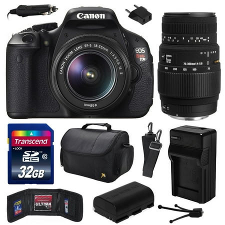 Canon EOS Rebel T3i (600D) Digital SLR Camera with EF-S 18-55mm f\/3.5-5.6 IS and Sigma 70-300mm f\/4-5.6 DG Macro Lens with 32GB Memory + Case + Battery + Charger + Card Wallet + Cleaning Kit 5169B003