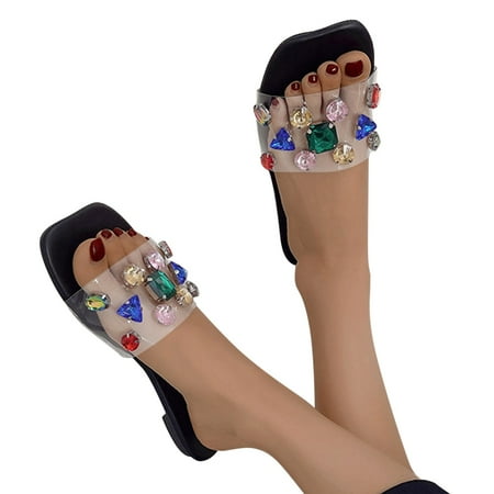 uikmnh Slippers for Women Sandals For Women Solid Flat Rhinestone Slippers Sandals Casual Shoes Black 6.5