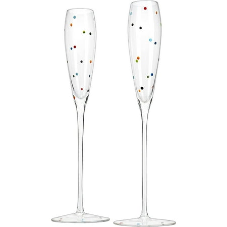 

Polka Dot Champagne Flutes Glass 5.6oz Set of 2 by - Toasting Glasses Wedding Party Champagne Cocktail Polka Dot Rainbow Colored Champagne Glasses for Prosecco Mimosa Bar Glassware