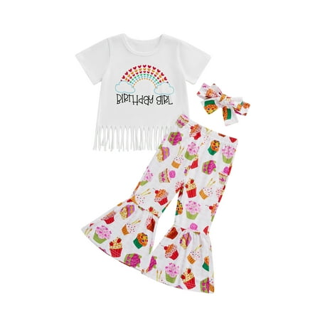Sunisery Kids Girls Summer Outfits Rainbow Print Tassel Short Sleeve Tops + Cake Print Flare Pants + Headbands Sets White Colorful 2-3 Years
Sunisery Kids Girls Summer Outfits Rainbow Print Tassel Short Sleeve Tops + Cake Print Flare Pants + Headbands Sets White Colorful 2-3 Years