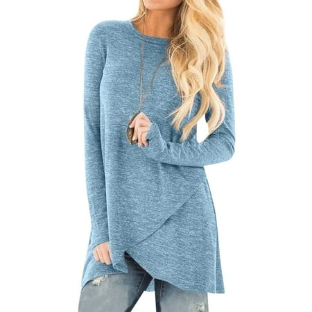 OUNAR Women Solid Color Asymmetric Hem Long Sleeve Crew Neck Tops