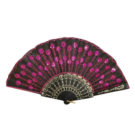 Manshan Fan Peacock Tail Sequin Pattern Handheld Folding Fan Crafts Wedding Party Home Decor