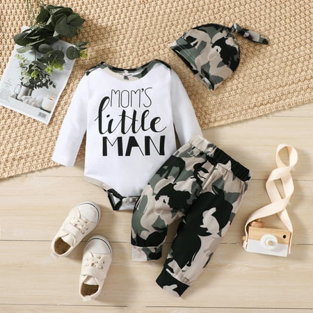 PatPat 3pcs Baby Boy Letter Print Long-sleeve Romper and Camouflage Pants and Hat Outfits Set
PatPat 3pcs Baby Boy Letter Print Long-sleeve Romper and Camouflage Pants and Hat Outfits Set