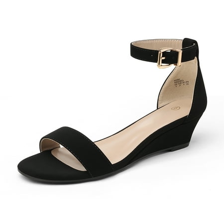 Simplicity Women Low Wedge Heel Sandals Open Toe Ankle Strap Buckle Lady Work Casual Shoes INGRID BLACK/PU Size 8
