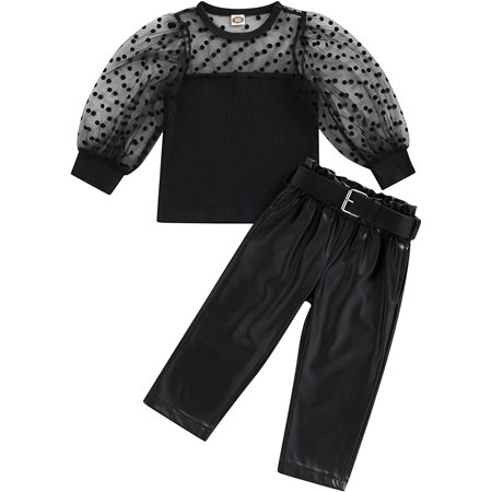 PIKADINGNIS 2Pcs Toddler Baby Girl Fall Outfits Mesh Dots Puff Sleeve Patchwork T-Shirt + PU Leather Pants with Belt Clothes Set
PIKADINGNIS 2Pcs Toddler Baby Girl Fall Outfits Mesh Dots Puff Sleeve Patchwork T-Shirt + PU Leather Pants with Belt Clothes Set