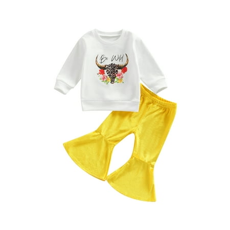 Canrulo Infant Baby Girls Cow Print Outfits Long Sleeve Letter Print Sweatshirt Top Flare Pants 2Pcs Kids Fall Clothes Yellow White 6-12 Months
Canrulo Infant Baby Girls Cow Print Outfits Long Sleeve Letter Print Sweatshirt Top Flare Pants 2Pcs Kids Fall Clothes Yellow White 6-12 Months