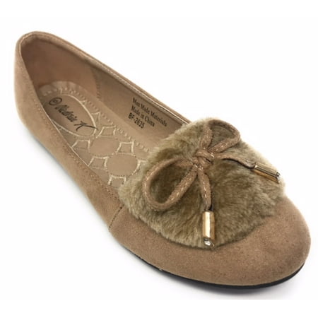

Victoria K Women s Soft Textured Material With Faux Fur Ornament And Gold Tip Bow Ballerina Flats