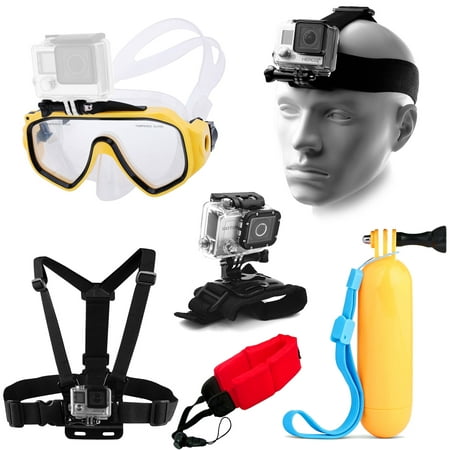 Water Sports Adventure Kit with Diving Mask + Head and Chest Mount + Wrist Support + Floating Hand Grip + Foam Strap for GoPro HERO 4 3+ 3 2 1 Session Black Silver White SJ4000 Xiaomi Yi Action Camera