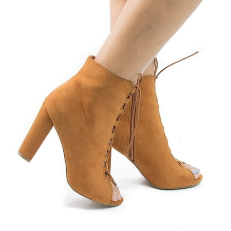 Morris12 by Wild Diva Retro Corset Lace Up Peep Toe Blocked Heel Ankle Booties