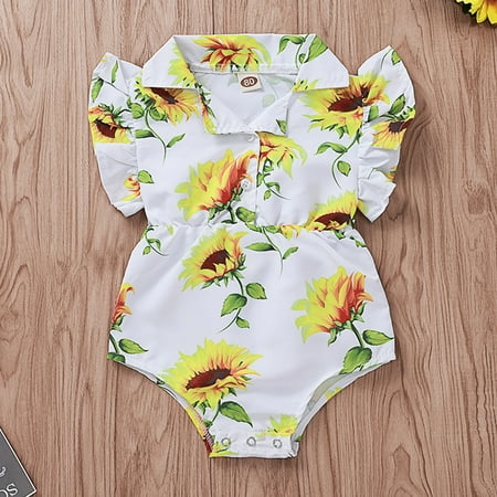 THE WILD Toddler Girls Ruffled Sunflower Print Romper Bodysuit Palysuit