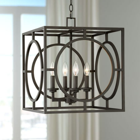 Franklin Iron Works Bronze Cage Foyer Pendant Chandelier 16" Wide Rustic Farmhouse 4-Light Fixture for Dining Room House Entryway