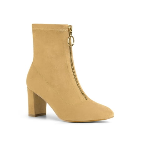 Allegra K Women s Faux Suede Square Toe Front Zip Block Heel Ankle Boots