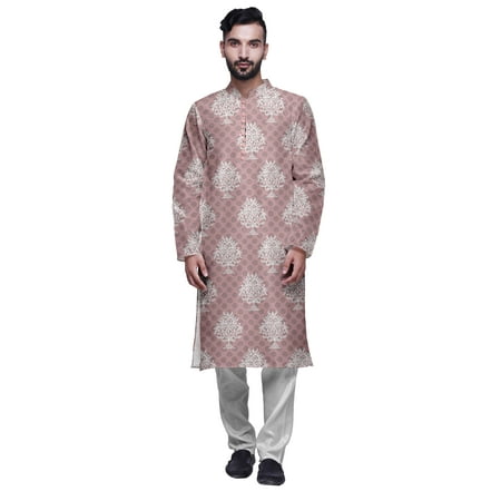 Atasi Mens Printed Modal Satin Indian Long Kurta With White Churidar Pajama Set