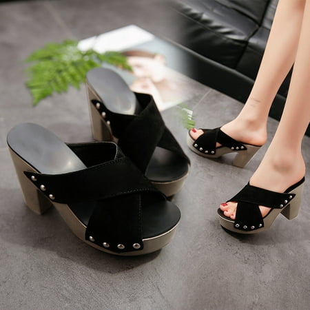 HIBRO Women Cross Strap Chunky Heel Thick High-Heeled Flip Flop Open Toe
