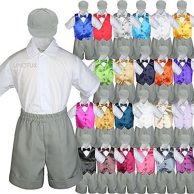 Gray Boy Toddler Formal Vest Shorts Suit Satin Vest Bow Tie Hat 5PC Set sz S-4T