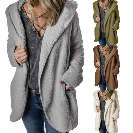Stylish Women Fleece Fur Cardigan Outerwear Tops Winter Warm Hooded Fluffy Coat