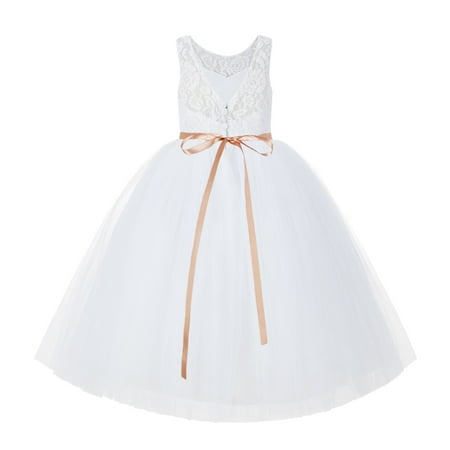 V-Back Ivory Lace Flower Girl Dress Tutu Tulle Ballroom Gown 212R4