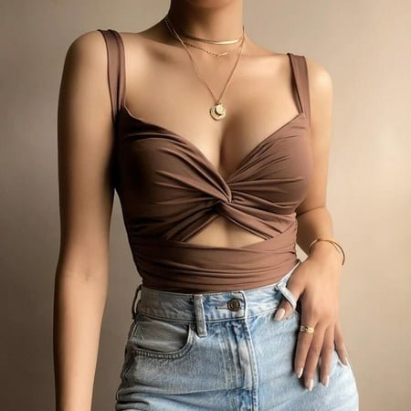 

NILLLY Casual Tops for Women Fashion Womens Sexy Taping Splicing V-Neck Taping Backless Wrap Bra Top Ladies Top Coffee / S