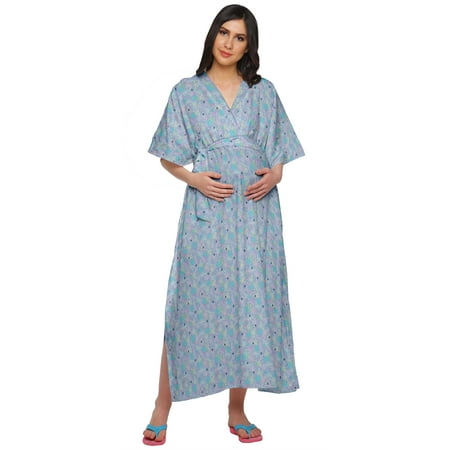 Moomaya Womens Printed Kimono Sleeve Button Down Cotton Maternity Long Kaftan