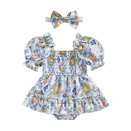 Baby Girl Summer Romper Dress Fruit/Flower Print Puff Short Sleeve Romper Dress+Headband 2 Pcs Set
Baby Girl Summer Romper Dress Fruit/Flower Print Puff Short Sleeve Romper Dress+Headband 2 Pcs Set