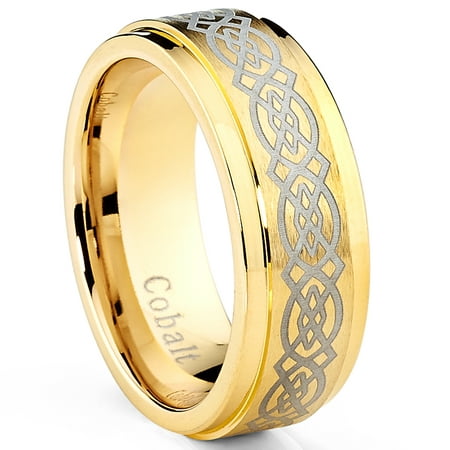 Goldtone Plated Men's Cobalt Wedding Band Ring With Etched Celtic Design, 8mm Comfort Fit