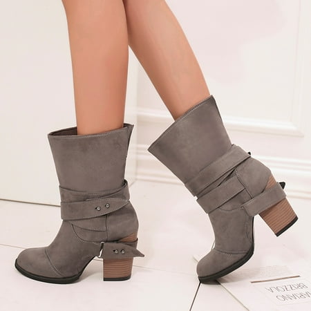 Hunpta Boots For Women Boots Buckle Thick Women s Size Medium Fashion Large Heel Belt Suede women s boots