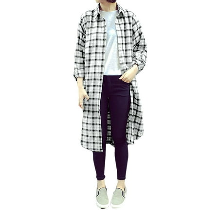 Women's Long Sleeves Button Down Checks Loose Shirt White XS