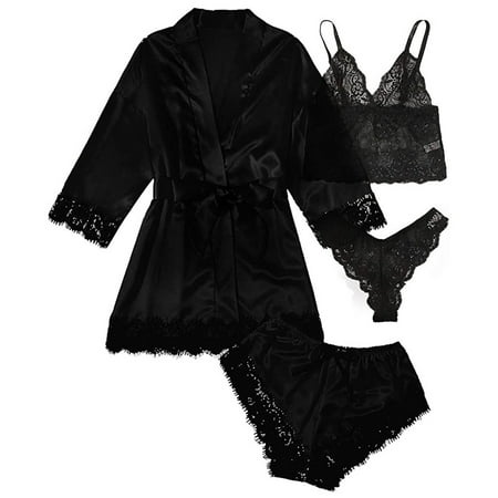 Hanerdun Women 4PCS Satin Pajama Set Lace Cami Top & Briefs & V-neck Satin Robe & Briefs Black XL
Hanerdun Women 4PCS Satin Pajama Set Lace Cami Top & Briefs & V-neck Satin Robe & Briefs Black XL