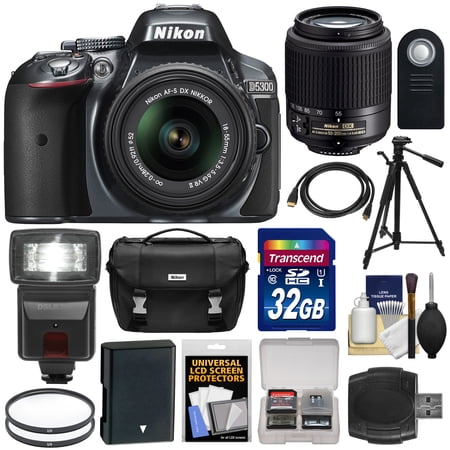 Nikon D5300 Digital SLR Camera & 18-55mm G VR DX II Zoom (Grey) + 55-200mm DX AF-S Lens + 32GB Card + Battery + Case + Tripod + Flash + Filters Kit Nikon D5300 Digital SLR Camera & 18-55mm G VR DX II Zoom (Grey) + 55-200mm DX AF-S Lens + 32GB Card + Battery + Case + Tripod + Flash + Filters Kit