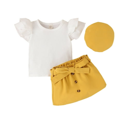 Solid Color Girls Outfits Ribbed Flying Sleeve Short Skirt Hat 3 Pieces Children Kids Spring Summer Casual Cartoon Fashion Outwear Streetwear Sets
Solid Color Girls Outfits Ribbed Flying Sleeve Short Skirt Hat 3 Pieces Children Kids Spring Summer Casual Cartoon Fashion Outwear Streetwear Sets